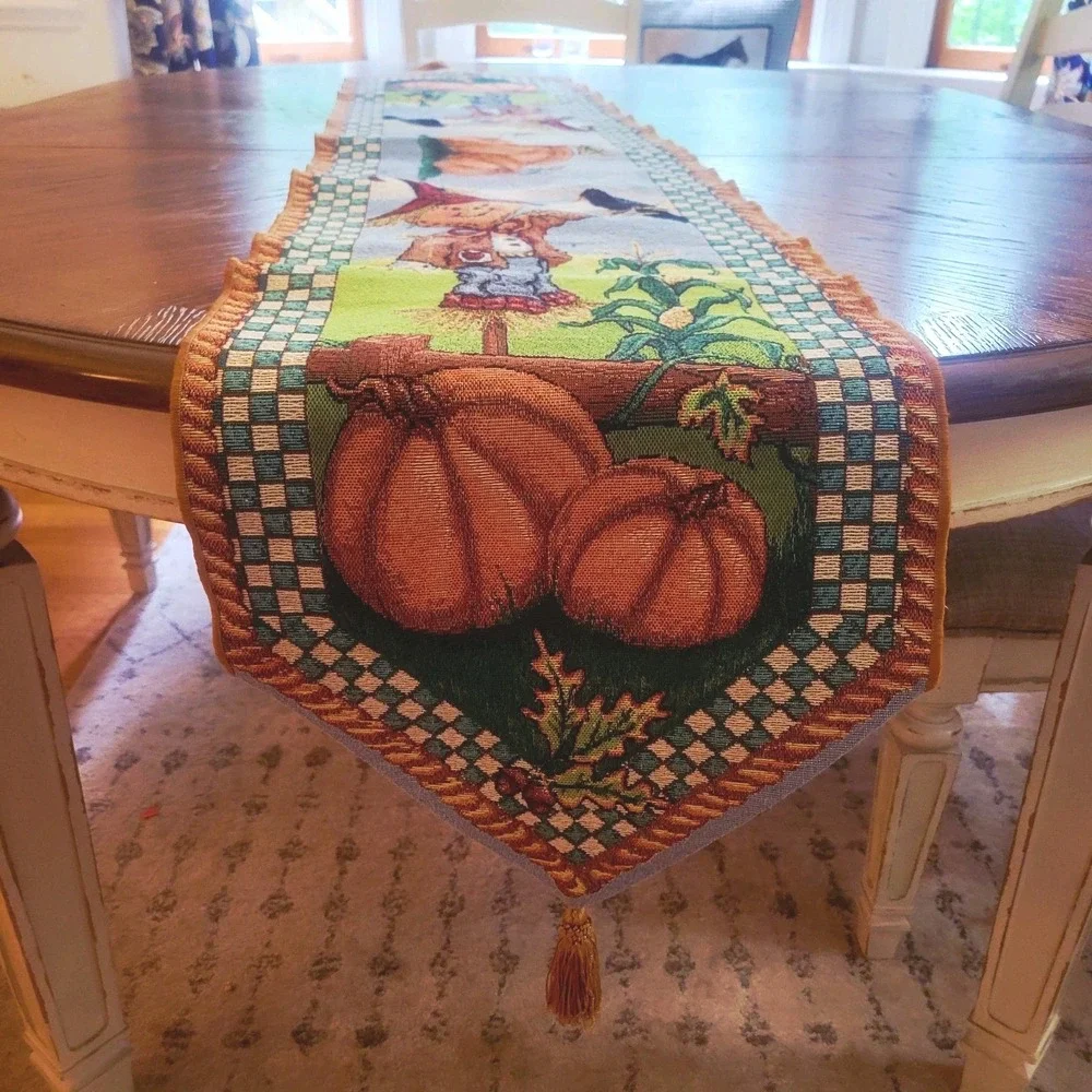 Fall Woven Tapestry Table Runner Scarecrows Pumpkins Checked Tassels 70